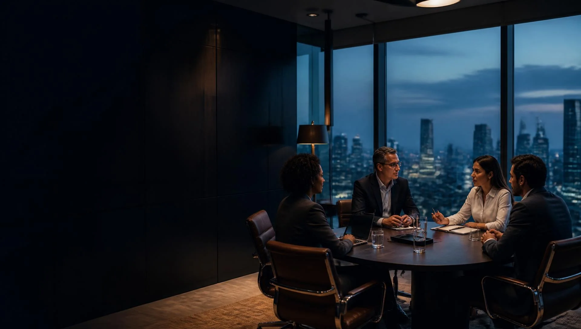 Lideranças em reunião estratégica em ambiente corporativo